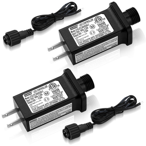 2 Pcs Class 2 Power Supply with 2 Extension Cord LED Transformer Replacement for Christmas String Lights LED Controller IP44 Waterproof Low Voltage Transformer (30V 6W 0.2A,8 Modes)