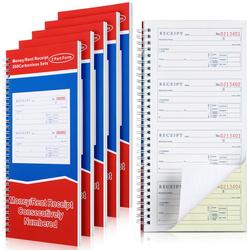 Crtiin 6 Books Money and Rent Receipt Book 2 Part Carbonless Receipt Book with Carbonless Copies Spiral Bound Cover Receipt Log Book 200 Sets Per Book 4 Receipts Per Page (5-1/4" x 11")