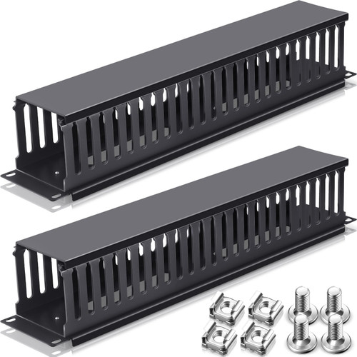 Leinuosen 2 Pack Server Rack Cable Management 2U 24 Slots Wire Duct Raceway Panel Rack Mount Cable Duct Horizontal Cable Manager Finger Duct Wire Organizer with Cover and Screws for Network Cabinet