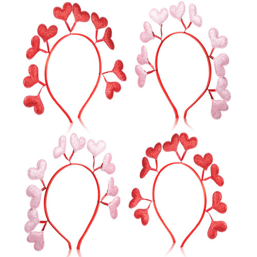 4 Pcs Valentine's Day Red Pink Glitter Heart Headband Heart Headbopper Heart Antenna Headband for Women Kids Holiday Love Shaped Boppers for Festival Wedding Props Party Supplies