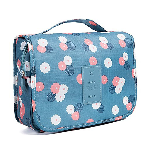 HaloVa Toiletry Bag Multifunction Cosmetic Bag Portable Makeup Pouch Waterproof Travel Hanging Organizer Bag for Women Girls, Blue Flowers