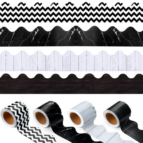 Colarr 4 Rolls 157ft Black and White Bulletin Board Borders Scalloped Border Trim Bulletin Board Decorations Bulletin Borders for School Classroom Chalkboard Whiteboard Blackboard (Fresh Style)