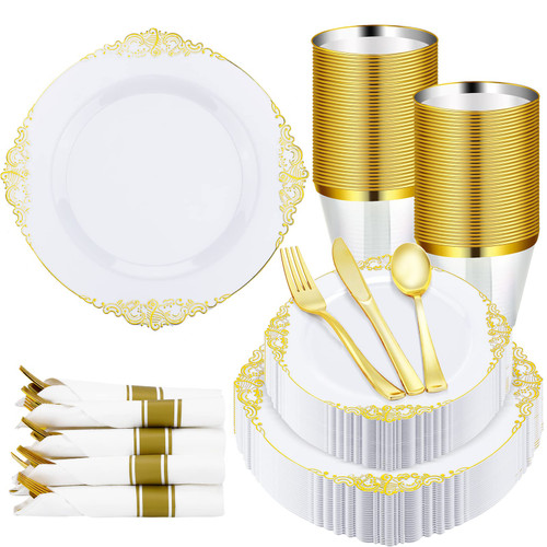 210 Pcs Gold Plastic Disposable Dinnerware Set (30 Guests), 30 Gold Disposable Plates, 30 Dinner Plates 30 Dessert Plates 30 Knives, 30 Forks, 30 Spoons, 30 Cups Gold Plates Disposable Party Supplies
