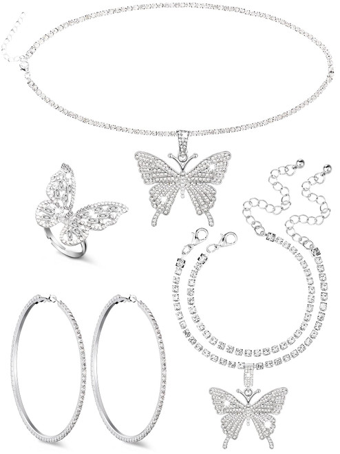 Yinkin 4 Pcs Butterfly Jewelry Set for Women Girls Crystal Butterfly Pendant Necklace Rhinestone Chain Necklace Sparkly Hoop Earrings Shiny Bracelet and Adjustable Butterfly Ring for Party (Silver) Yinkin 4 Pcs Butterfly Jewelry Set for Women Girls Crystal Butterfly Pendant Necklace Rhinestone Chain Necklace Sparkly Hoop Earrings Shiny Bracelet and Adjustable Butterfly Ring for Party (Silver)