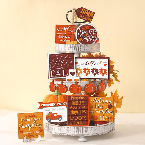 FairySandy 14 Pcs Fall Pumpkin Tiered Tray Decor Thanksgiving Tiered Tray Decorations Set Rustic Farmhouse Pumpkin Truck Spice Blocks Autumn Wooden Sign for Fall Home Table Harvest Holiday (Simple)