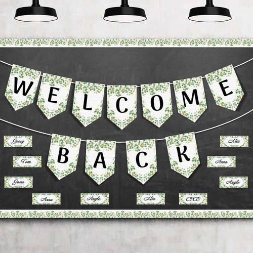 Mixweer 81 Pcs Welcome Back Banner Welcome Bulletin Board Set Eucalyptus Classroom Decor Classroom Borders for Bulletin Board Leaves Accents for First Day of School Back to School Decorations