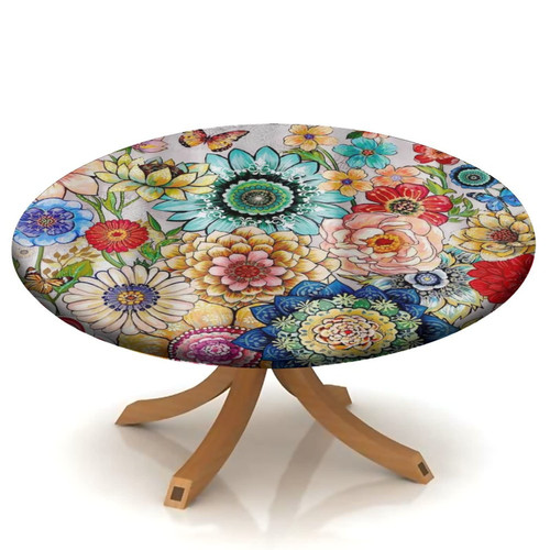 JUNTAIY Boho Fitted Round Tablecloth, Floral Bohemia Pattern Elastic Edged Table Cover for Party Dinner Room, Stain Proof Polyester Tablecloths, Fits Tables up to 60" Diameter