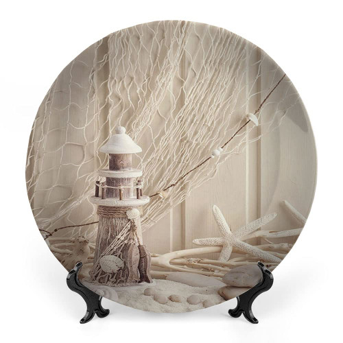 LIGUTARS Ceramic Display Plate, Nautical Ceramic Hanging Decorative Plate, Marine Sail Boat Lifebuoy Starfish Lighthouse, 6 Inch, Living Room Kitchen Decoration Household, Tan Red Blue