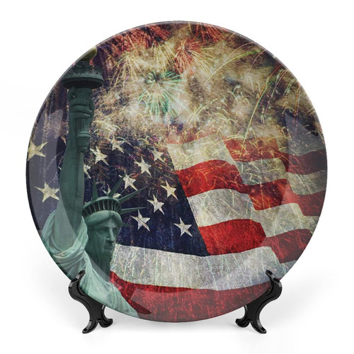 LIGUTARS Ceramic Plates, American Flag Decorative Ceramic Plates, Fireworks 4th of July, 8 Inch, for Dining, Parties, Wedding, Multicolor