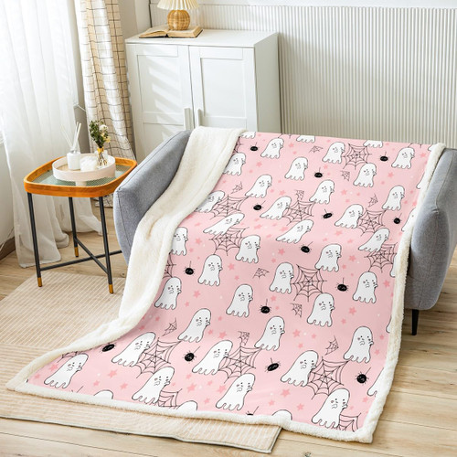 Pink Ghost Sherpa Blanket 40"x50" Happy Halloween Bat Fleece Throw Blanket for Kids Boys Girls Decor Skull Ghost Printed Plush Blanket Microfiber Cobweb Spider Fuzzy Blanket