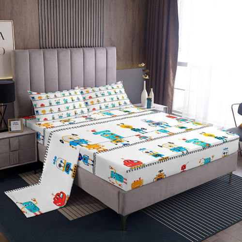 Manfei Watercolor Robots Sheet Set Twin Cartoon Toy Theme Bed Sheet Set 3pcs with Deep Pocket Fitted Sheet + Flat Sheet + 1 Pillowcase White Solid Color Bedding Set for Kids Teens Boys Room Decor