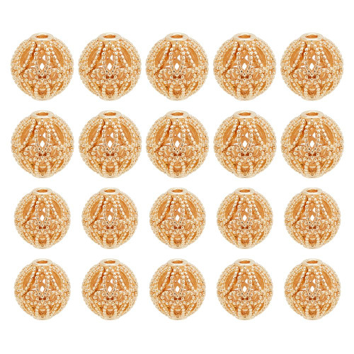 PH PandaHall 20pcs Golden Round Beads, 14K Gold Plated Brass Hollow Beads 8mm 10mm Filigree Beads Metal Spacer Beads Loose Beads for Earrings Bracelet Pendant Waist Chain Necklaces Jewelry DIY Crafts