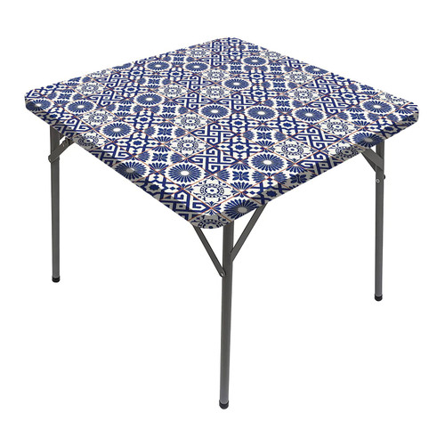 JUNTAIY Moroccan Elastic Square Tablecloth, Old Ottoman Style Inspired Mix of Moroccan Elastic Table Cover Square, Fits 40x40 inch Table, for Restaurants Picnic Patio Outdoor Party Decor, Grey Blue