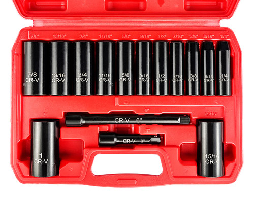 WETT 3/8-Inch Drive Deep Impact Socket Set, 15 Piece SAE Socket Set, 6 Point, Cr-V Steel, 1/4" to 1" Sockets with 3", 6" Extension Bar