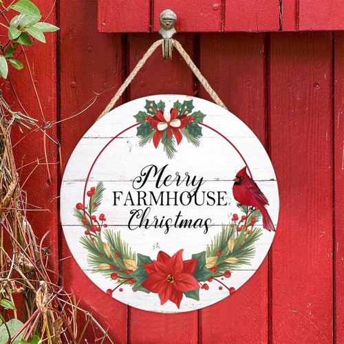 Decorative Wooden Sign Plaque Merry Christmas Cardinal Bird Round Door Hanger Sign Rustic Farmhouse Welcome Sign Wood Wall Hanging Sign Home Sign for Front Door Indoors Outdoors Christmas Decor