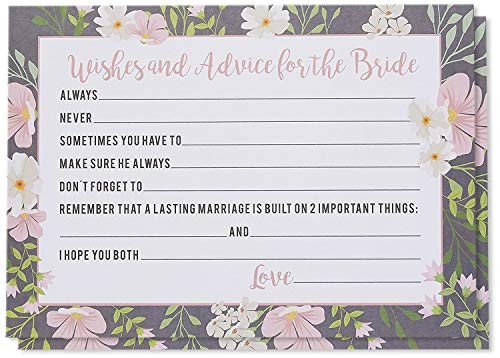 Marriage Advice and Well Wishes Cards for the New Bride, Wedding Reception and Bridal Shower Game Activity Cards, Includes 50 Vintage Rustic Floral Cards - 5 x 7 Inches