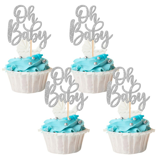 24 PCS Oh Baby Cupcake Toppers Glitter Baby Shower Cupcake Picks for Gender Reveal Baby Shower Kids Boys Girls Birthday Party Cake Decorations Supplies Silver