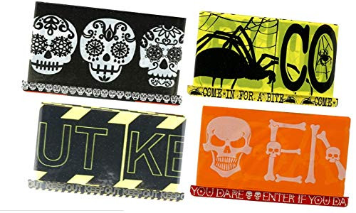 Fright Tape Halloween Decorations - Enter If You Dare, Come In for a Bite, Keep Out, Sugar Skulls, 4 Pack