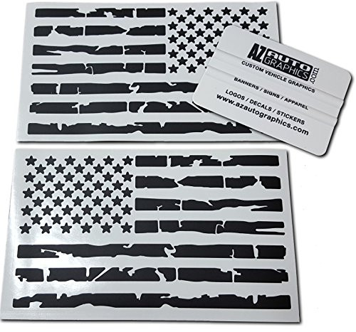 Az Auto Graphics Pair US Distressed American Flag Decal Sticker Die-Cut Grunge Car Truck Subdued Tattered Military (Matte Black)