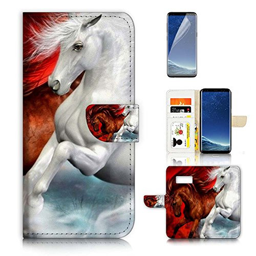 ( For Samsung S8+ / Galaxy S8 Plus ) Flip Wallet Case Cover & Screen Protector Bundle - A21141 Brown and White Horse
