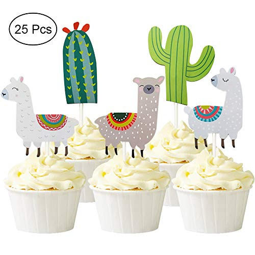 Alexless 25 Pcs Cute Llama and Cactus Cupcake Toppers Alpaca Cupcake Picks for Mexican Fiesta Theme Party, Baby Shower Birthday Party
