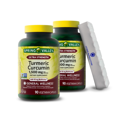 Spring Valley, Turmeric Curcumin, 1500 mg, Ultra Strength General Wellness Dietary, Curcumin Supplements, Vegetarian Capsules, 90 Count + 7 Day Pill Organizer Included (Pack of 2)