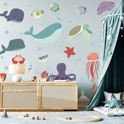 Large Ocean Wall Decals Peel and Stick Ocean Animals Wall Stickers Under The Sea Fish Decals Whale Octopus Turtle Jellyfish Stickers Murals for Kids Bedroom Playroom Baby Nursery Wall Art Decor