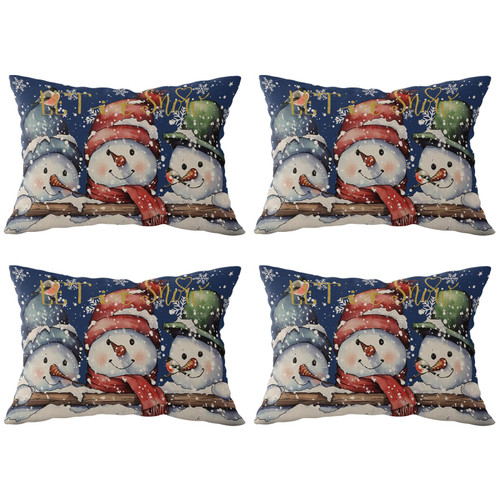 Christmas Snowman Snowflake Throw Pillows Pillow Covers for Couch 12x20 Set of 4 Outdoor/Indoor Linen Throw Pillow Covers Decorative Cushion Case Pillow Cases for Sofa Car Bedroom, Blue Winter Holiday