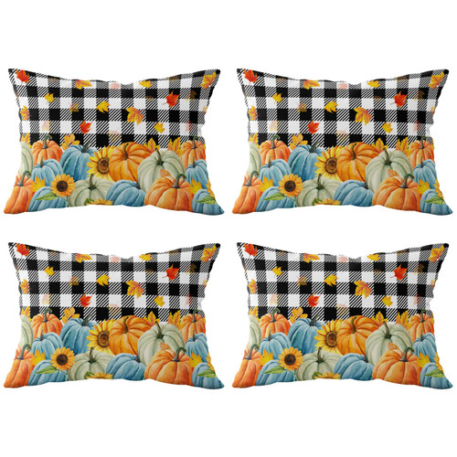 Fall Pumpkin Orange Maple Leaves Throw Pillows Pillow Covers for Couch 12x20 Set of 4 Outdoor/Indoor Linen Throw Pillow Covers Decorative Cushion Case Pillow Cases for Sofa Bed, Thanksgiving Checkerd