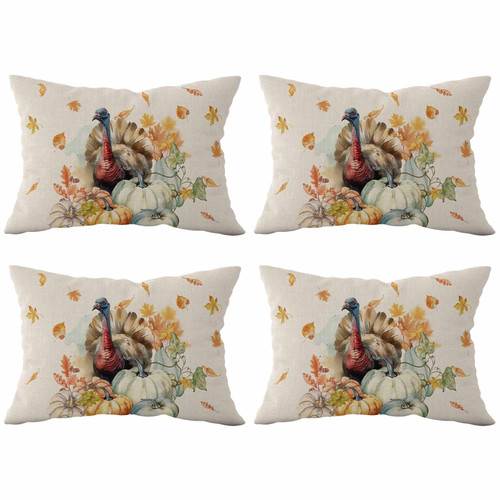 Farmhouse Thanksgiving Turkey Pumpkin Throw Pillows Pillow Covers for Couch 12x20 Set of 4 Outdoor/Indoor Linen Throw Pillow Covers Decorative Cushion Case Pillow Cases for Sofa Bed, Autumn Fall Leaf