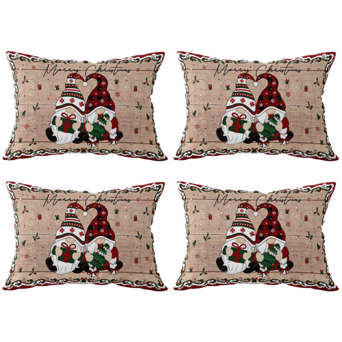 Merry Christmas Tree Gnome Throw Pillows Pillow Covers for Couch 12x20 Set of 4 Outdoor/Indoor Linen Throw Pillow Covers Decorative Cushion Case Pillow Cases for Sofa Bed, Rustic Wooden Winter Holiday