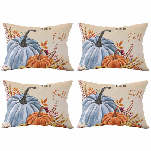 Thanksgiving Blue Pumpkin Fall Throw Pillows Pillow Covers for Couch 12x20 Set of 4 Outdoor Linen Throw Pillow Covers Decorative Cushion Case Pillow Cases for Sofa Bed, Autumn Maple Leaves Harvest