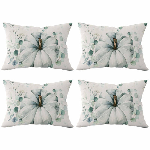 Thanksgiving Pumpkin Eucalyptus Leaves Throw Pillows Pillow Covers for Couch 12x20 Set of 4 Outdoor Linen Throw Pillow Covers Decorative Cushion Case Pillow Cases for Sofa Bed, Green Beige Farmhouse