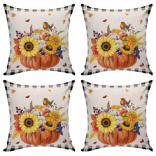 Organge Thanksgiving Pumpkins Sunflower Throw Pillows Pillow Covers for Couch 18x18 Set of 4 Outdoor Linen Throw Pillow Covers Decorative Cushion Case Pillow Cases for Sofa Bed, Maple Leaves Checkerd