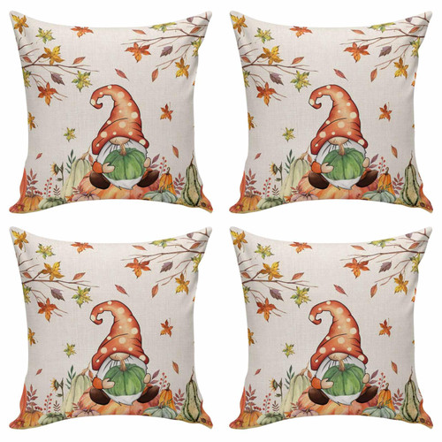 Thanksgiving Autumn Gnome Pumpkins Throw Pillows Pillow Covers for Couch 18x18 Set of 4 Outdoor/Indoor Linen Throw Pillow Covers Decorative Cushion Case Pillow Cases for Sofa Bed, Fall Maple Leaves