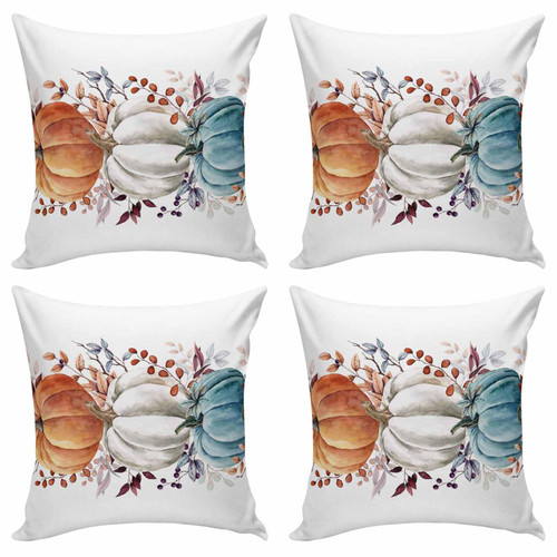 Thanksgiving Pumpkins Eucalyptus Leaves Throw Pillows Pillow Covers for Couch 18x18 Set of 4 Outdoor Linen Throw Pillow Covers Decorative Cushion Case Pillow Cases for Sofa Bed, Watercolor Farmhouse