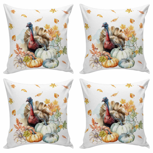 Thanksgiving Watercolor Turkey Pumpkin Throw Pillows Pillow Covers for Couch 18x18 Set of 4 Outdoor/Indoor Linen Throw Pillow Covers Decorative Cushion Case Pillow Cases for Sofa Bed, Autumn Fall Leaf