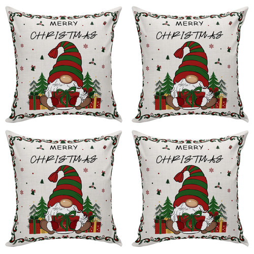 Winter Gnome Merry Christmas Tree Throw Pillows Pillow Covers for Couch 20x20 Set of 4 Outdoor/Indoor Linen Throw Pillow Covers Decorative Cushion Case Pillow Cases for Sofa Bed, Red Gift Snowflake