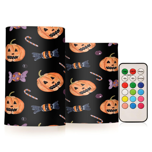 Halloween Candies Pumpkins Flameless Candles Battery Operated Candles with Remote LED Candles Flickering Tea Lights Fake Candles with Timer for Wedding Halloween Christmas Set of 2, D 3" x H 4" 5"
