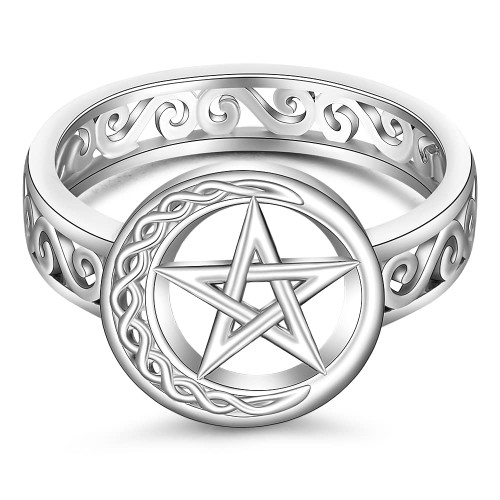 Talonior Pentacle Ring Sterling Silver Pentagram Rings for Women Wiccan Crescent Moon Celtic Knot Gothic Witch Pagan Protection Jewelry Charms Size 10