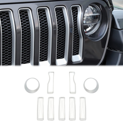 RT-TCZ for Wrangler JL Mesh Front Grille Grill Insert Headlight Light Cover Trim for Jeep Wrangler JL JLU 2018-2022 Silver Exterior Accessories 9pcs