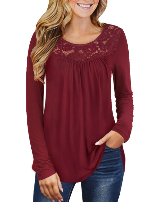 Ahlaray Womens Plus Size T Shirts Lace Trim Loose Fit Tunics Long Sleeve Tops Blouses, Wine Red, 3X