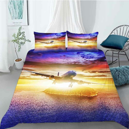StarBlue-HGS Maritime Sunrise Aircraft Duvet Cover Set Twin Queen King Plane Airplane Bedding Set Pillowcase Comforter Cover (Twin)