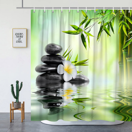 YNKHTEW Zen Garden Shower Curtains Green Bamboo Leaf White Flower Black Stone Water Landscape Spa Themed Bathroom Decoration Cloth Hanging Curtain Set with Hooks 70 x 70 Inch