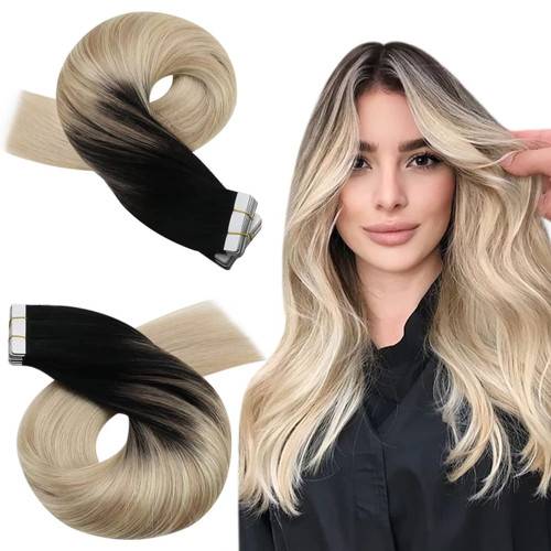 Moresoo Tape in Hair Extensions Human Hair Ombre Off Black to Ash Blonde Mix with Platinum Blonde Tape in Extensions Real Human Hair Balayage Hair Extensions Tape in 12 Inch #1B/18/60 20pcs 30g