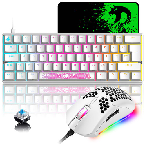 Mechanical Mini RGB Gaming Keyboard and Mouse Combo with Compact 62Key Layout Rainbow Backlight Anti-ghosting 6400DPI Honeycomb Mice Type-C Wired for PC Mac Gamer Laptop Typists DIY(White/Blue Switch)