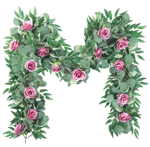 Faux Eucalyptus Garland 6.56 Ft Artificial Greenery Garland with Willow Leaves Roses Fake Vines Lush Silver Dollar Eucalyptus Leaves for Wedding Baby Shower Party Table Mantle Home Decorations,Pink