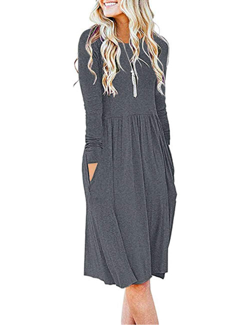 AUSELILY Long Sleeve Dresses for Women Knee Length Empire Waist Casual Dress with Pockets (M, Dark Gray) AUSELILY Long Sleeve Dresses for Women Knee Length Empire Waist Casual Dress with Pockets (M, Dark Gray)