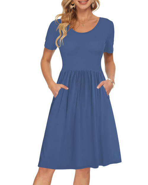 AUSELILY Women's Solid Plain Short Sleeve Pockets Empire Waist Pleated Loose Swing Casual Flare Dress Medium Blue Grey Blue (XL,Beja)