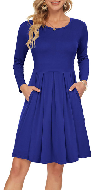 AUSELILY Long Sleeve Dresses for Women Knee Length Empire Waist Casual Dress with Pockets (L, Royal Blue) AUSELILY Long Sleeve Dresses for Women Knee Length Empire Waist Casual Dress with Pockets (L, Royal Blue)